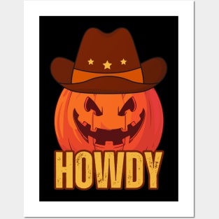 Retro Vintage Halloween Howdy Pumpkin Head Wearing A Cowboy Hat Funny Cowboys Posters and Art